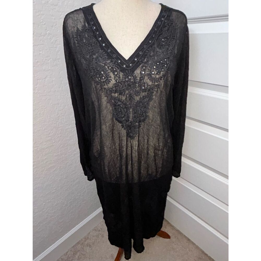 Florence + Fred Embroidered Sheer Long Sleeve Tunic Maxi Cover Up